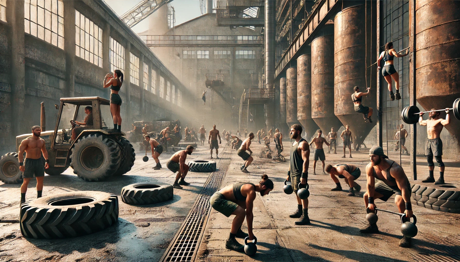 hyper-realistic, grounded scene of a Street Workout session in an industrial urban area in Eastern Europe. The setting includes old factory building